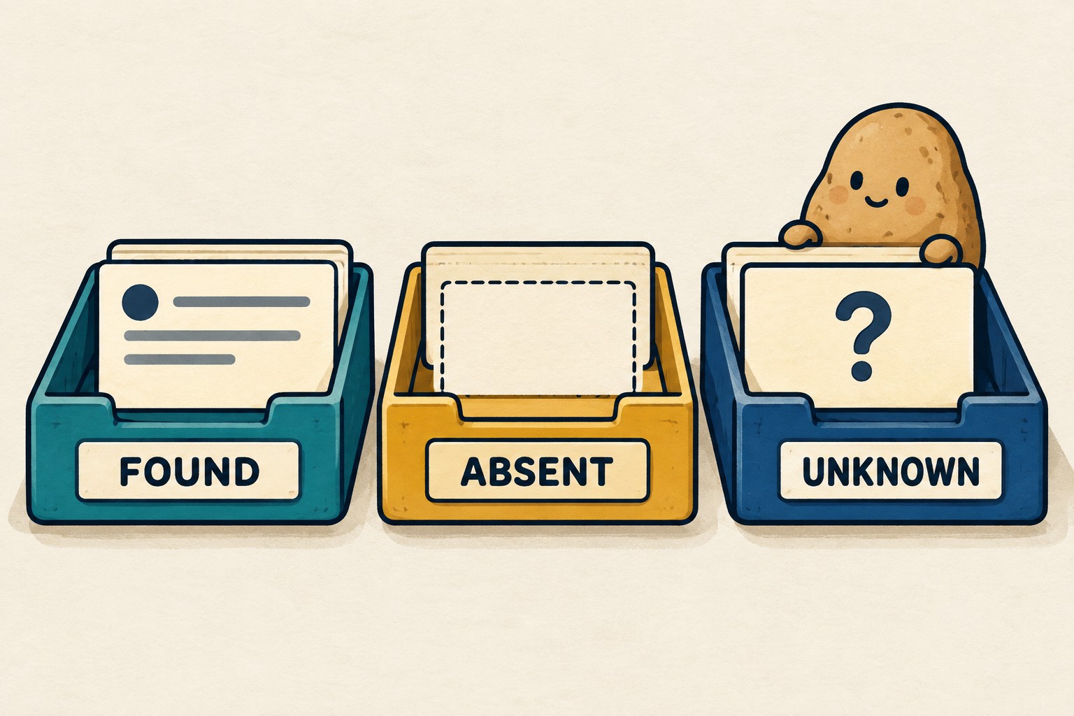 Three trays labeled Found, Absent and Unknown contain a task symbol, outlined placeholder and question mark.