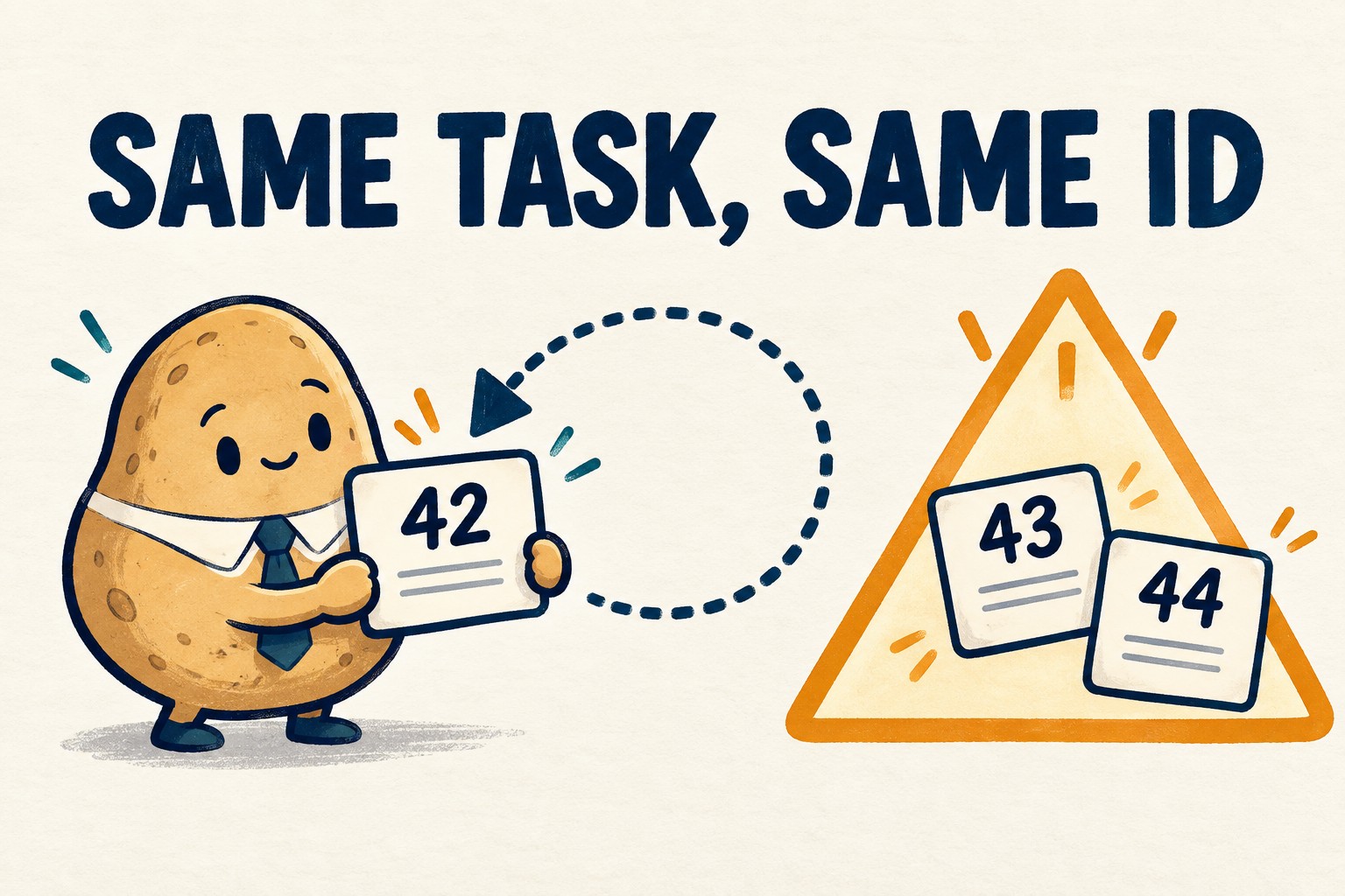 A potato holds card 42 with a return arrow while cards 43 and 44 sit within a warning triangle.