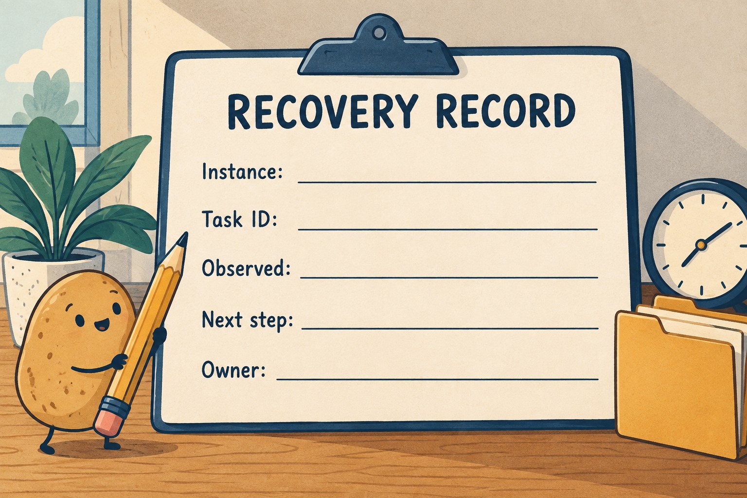 A blank Recovery Record form has Instance, Task ID, Observed, Next step and Owner fields.
