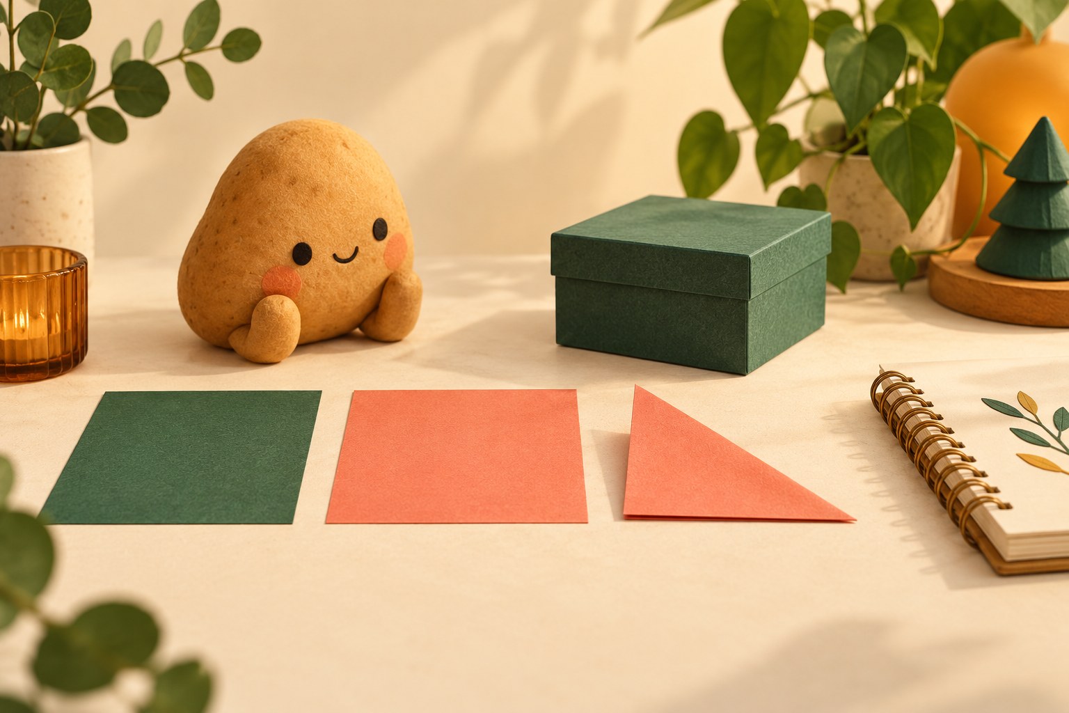 A potato desk companion sits beside flat colored paper, a simple folded triangle, a gift box and a notebook.