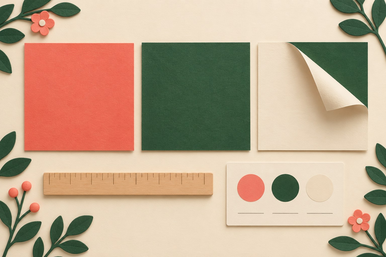 Three paper samples show coral and green faces and a lifted corner revealing a cream reverse beside an unnumbered ruler and color card.