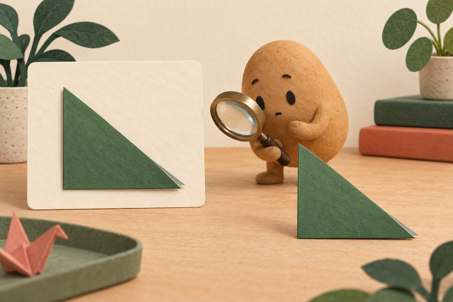 A potato companion compares two similarly oriented green paper triangles, one on a card and one on the desk.