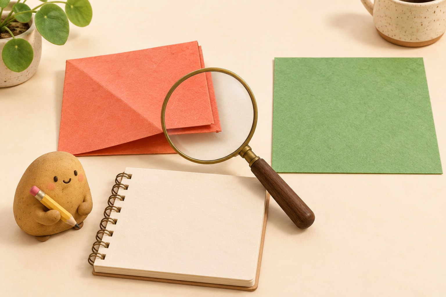 A magnifying glass sits over offset edges of a folded coral sheet beside a blank notebook and a fresh green square.