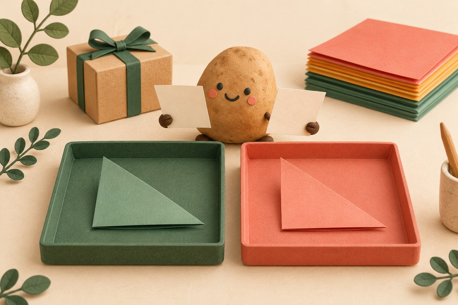 A potato companion compares blank practice cards above two trays holding simple folded triangles, with spare paper and a gift box behind.