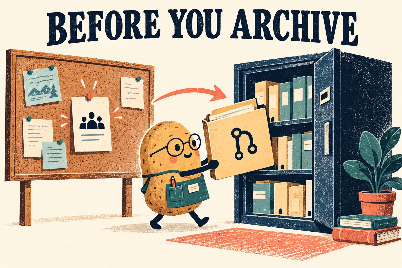 Potato librarian moves a pull-request folder from a bulletin board toward an archive cabinet
