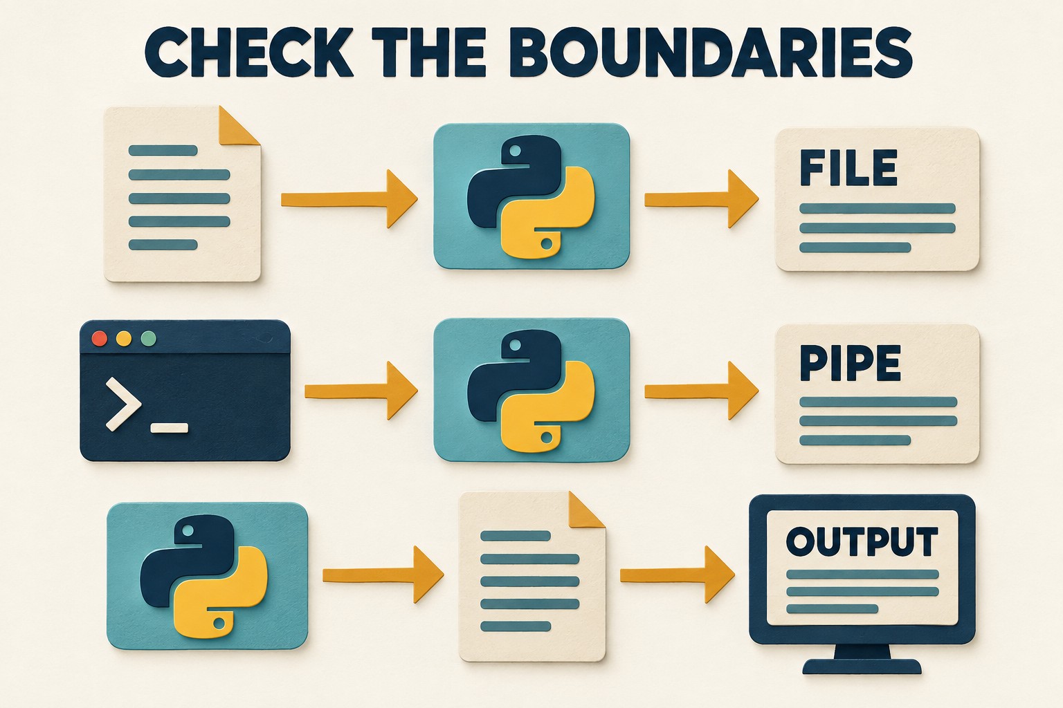 Three left-to-right illustration lanes show a file entering Python, command output entering Python, and Python exporting a file to another reader.
