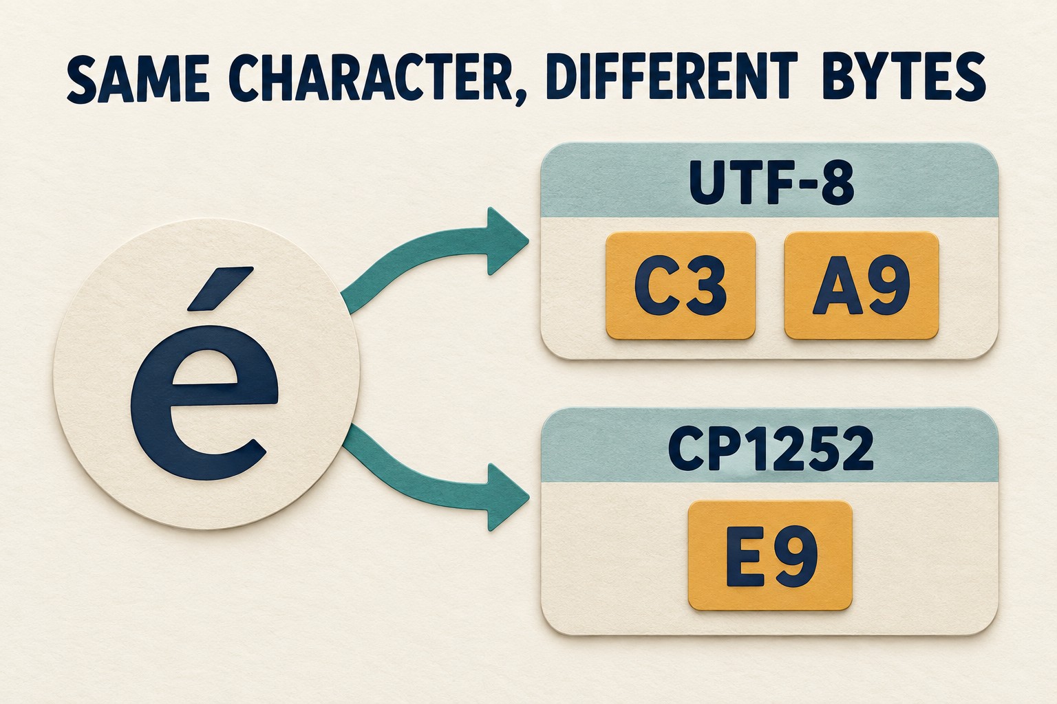 The character é branches to UTF-8 byte tiles C3 A9 and a CP1252 byte tile E9.