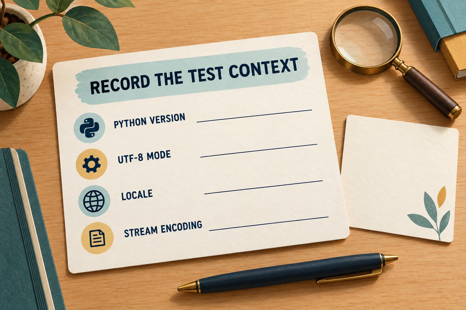 A blank test-context card has fields for Python version, UTF-8 mode, locale and stream encoding.