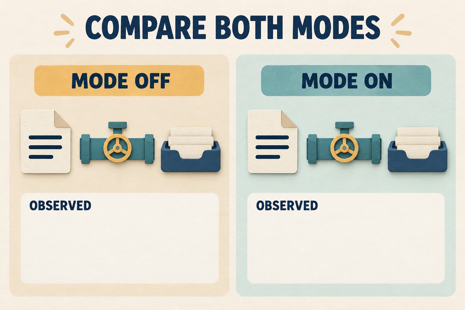 Mode Off and Mode On panels contain matching file, pipe and output icons above blank Observed result boxes.
