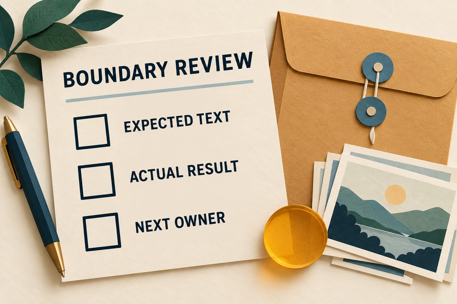 An unchecked Boundary Review card lists Expected Text, Actual Result and Next Owner beside a sample envelope.