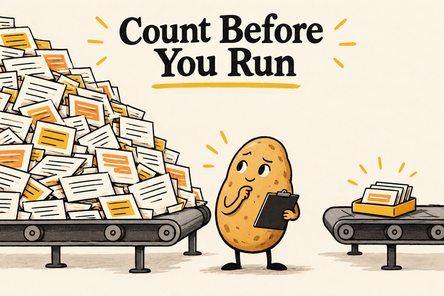 A potato analyst compares a large pile of documents with a small selected tray under Count Before You Run.