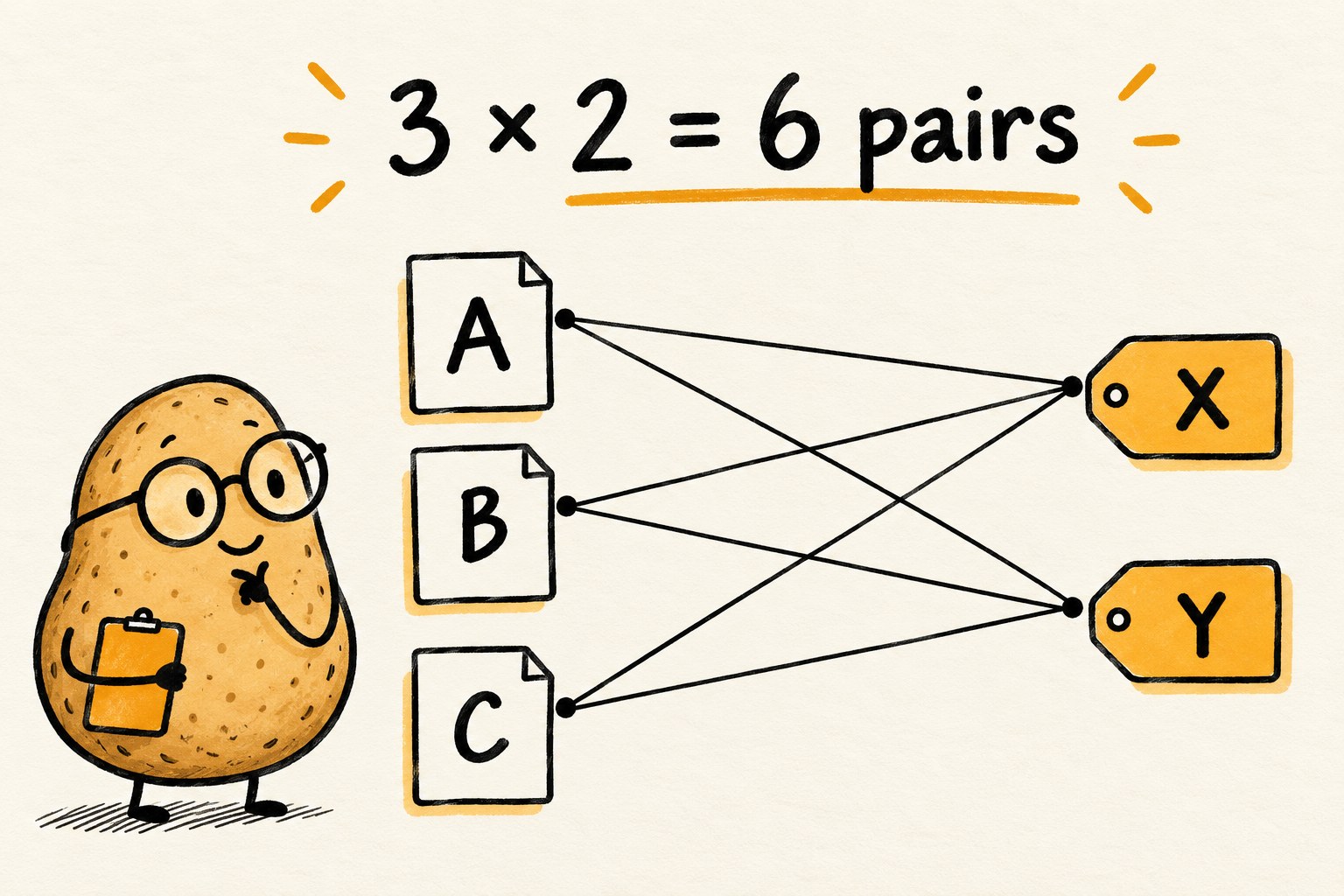 Three documents A, B and C each connect to both X and Y, making six candidate pairs.