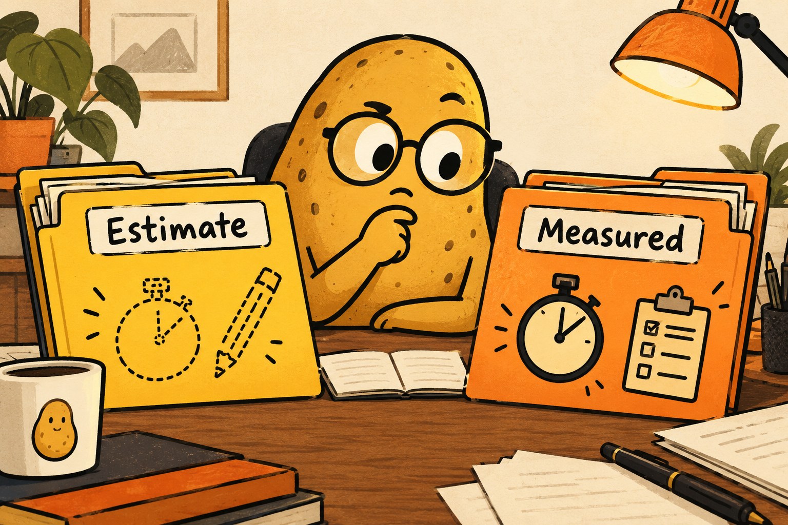 A potato compares Estimate and Measured folders decorated with different stopwatch drawings.
