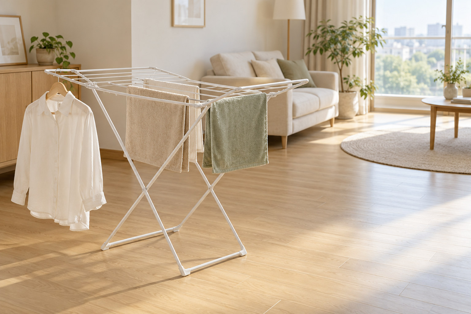 An indoor drying rack holds separated garments beside a clear walking route.