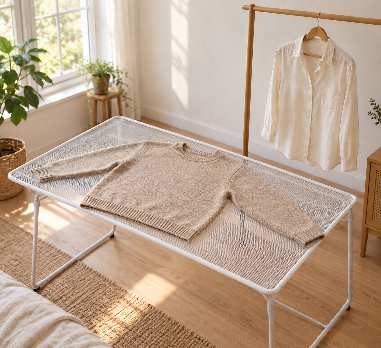 A knit garment is fully supported on a mesh drying surface beside a separately hanging shirt.