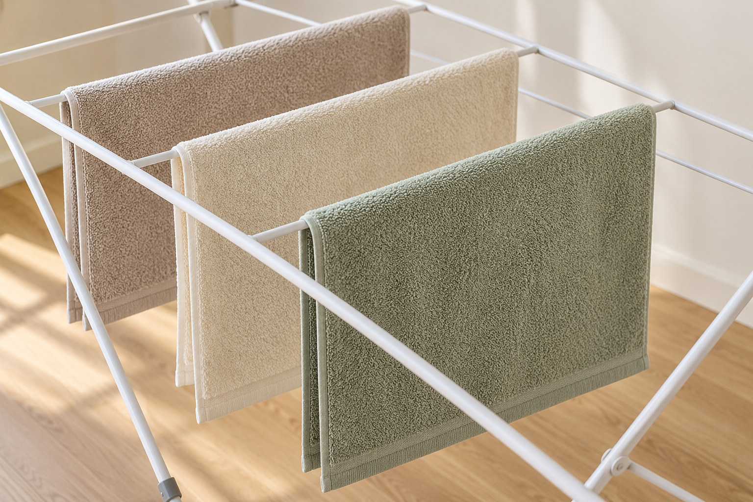 Towels occupy separate drying-rack bars with visible gaps between neighboring pieces.