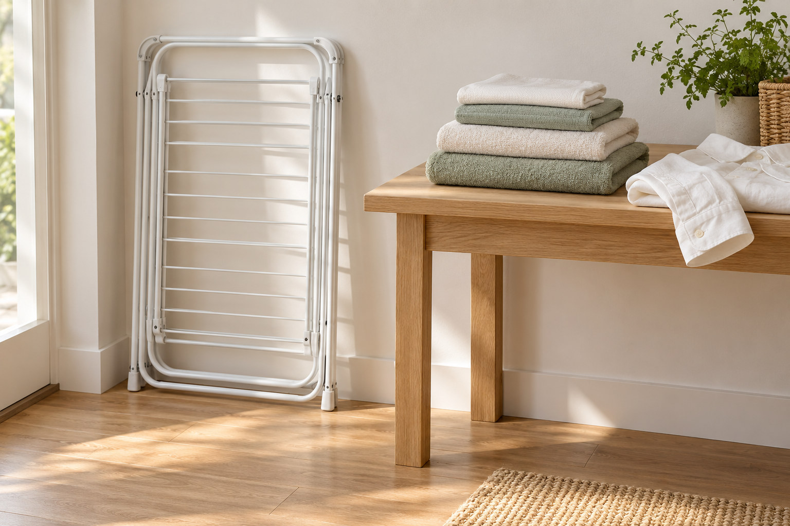 Folded towels and a shirt sit beside a collapsed drying rack.
