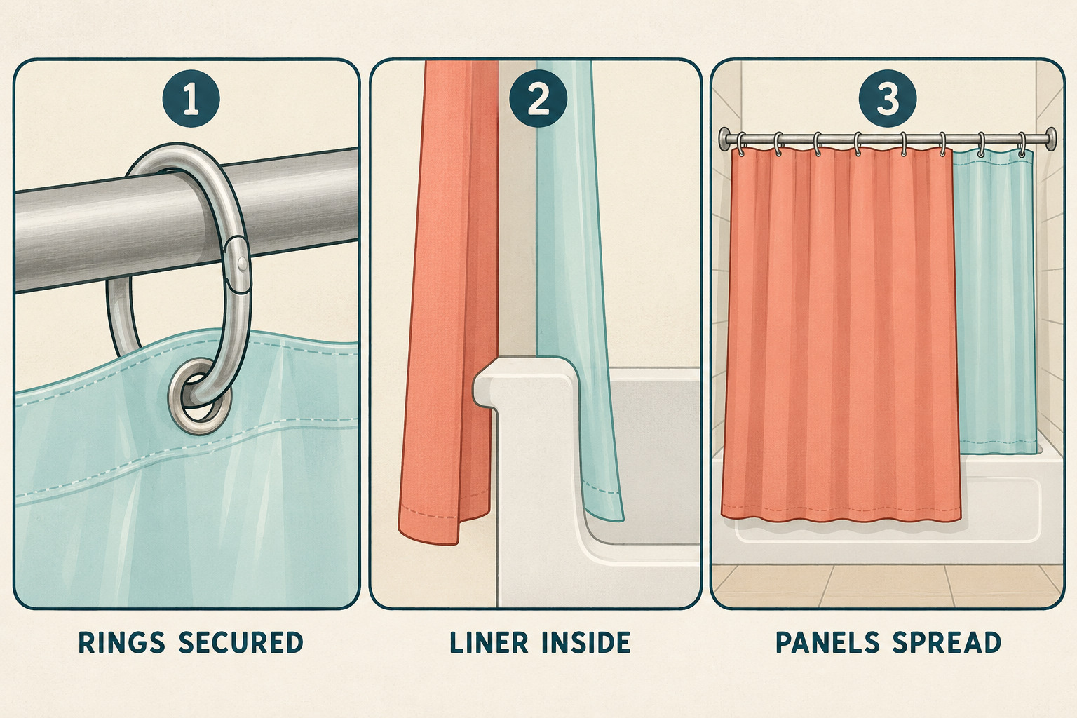 AI-generated conceptual three-panel illustration showing a secured ring through a liner grommet, a liner inside the tub wall, and broadly spread curtain panels.