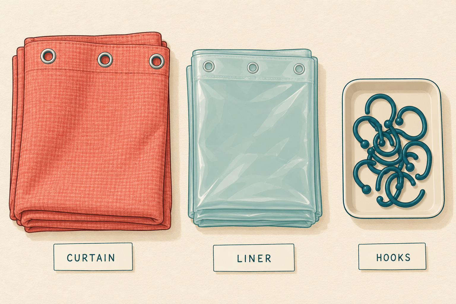AI-generated editorial illustration of a folded coral curtain, separate folded teal liner, and loose hooks in a shallow tray, labeled CURTAIN, LINER, and HOOKS.