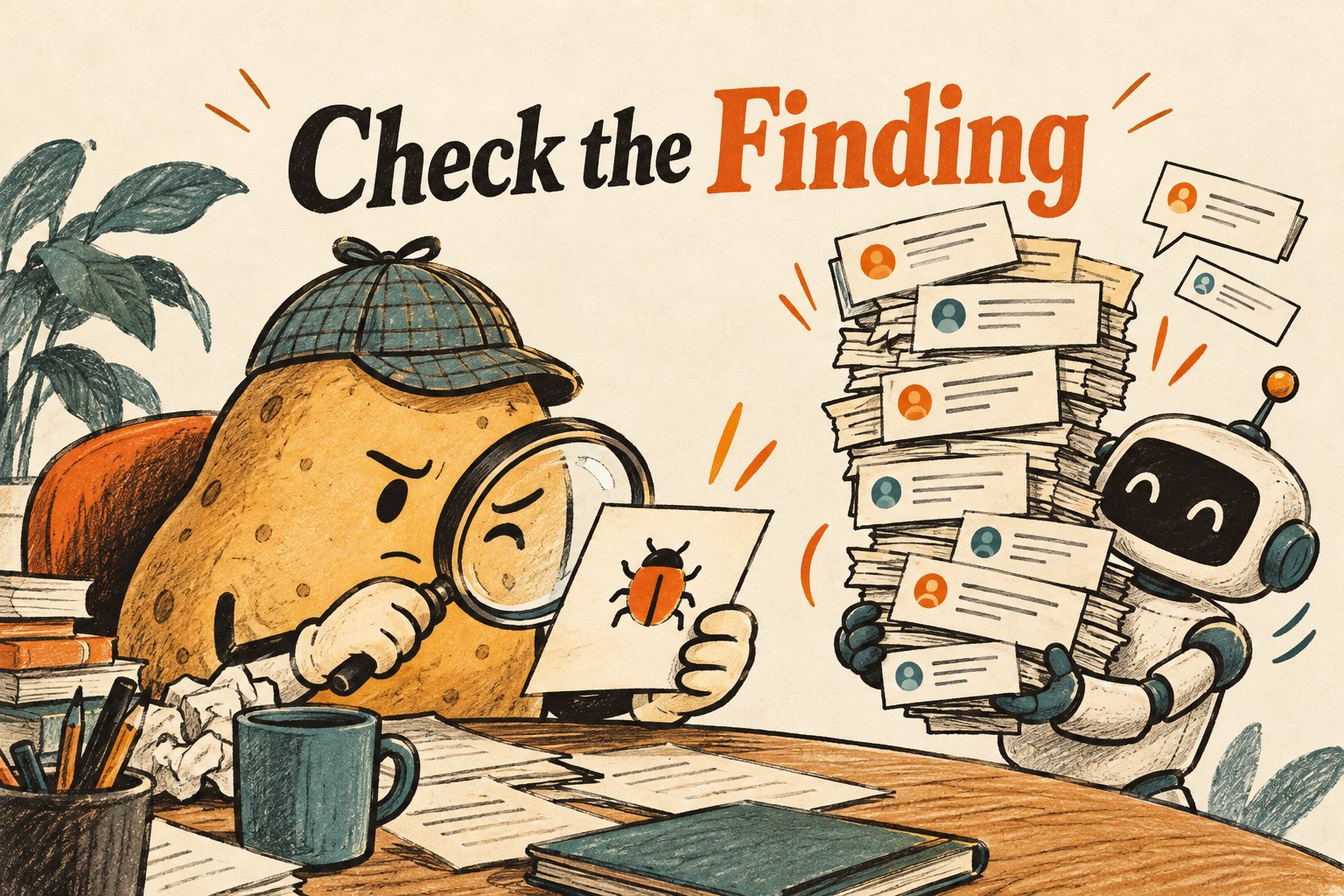 A potato detective inspects a bug card while a robot carries a tall stack of comments.
