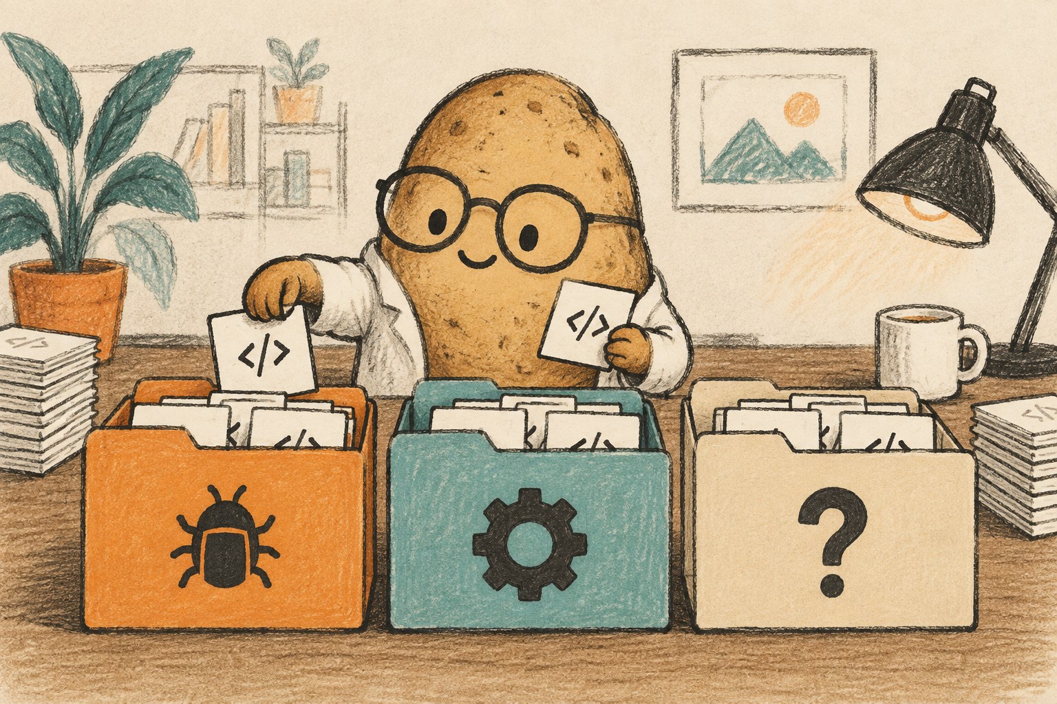 Three folders carry bug, gear and question-mark icons while a potato sorts code cards.