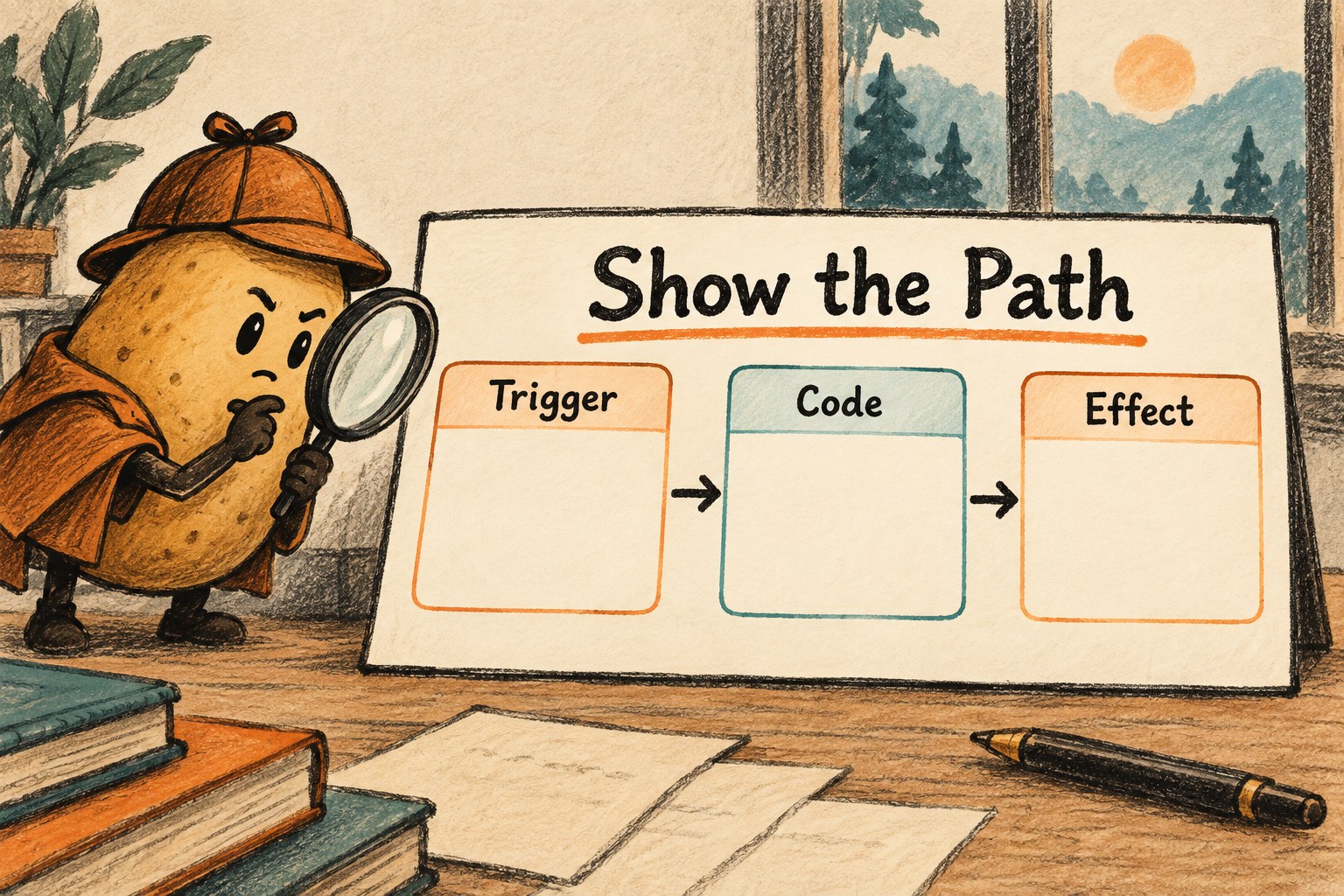 Trigger, Code and Effect boxes are connected left to right under Show the Path.
