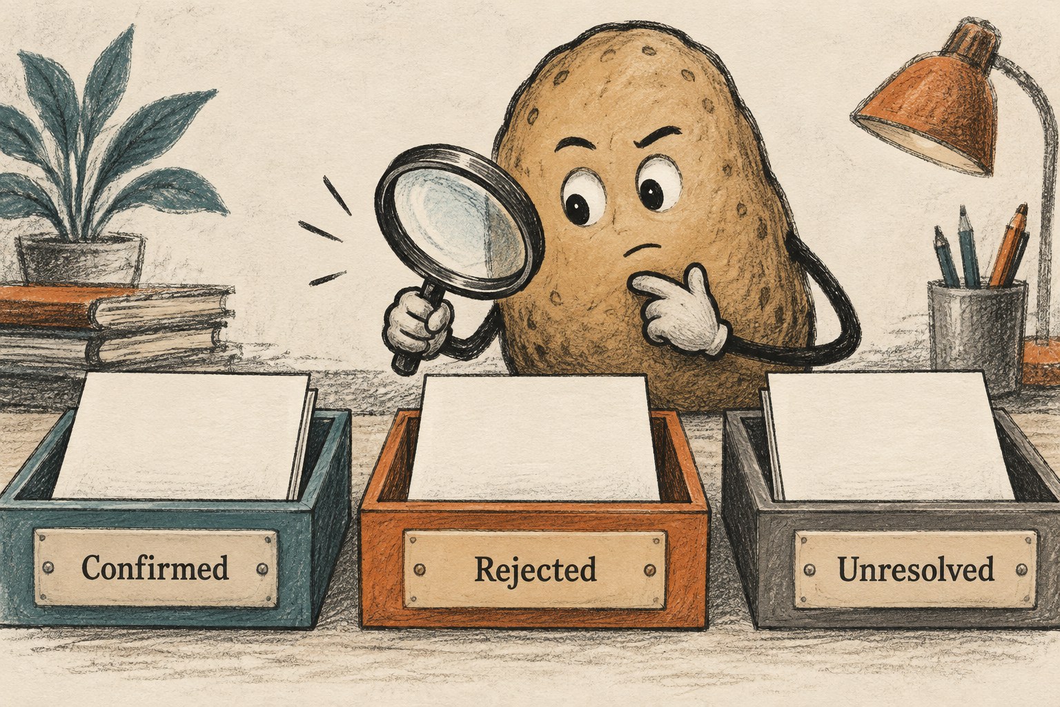 A potato examines three trays labelled Confirmed, Rejected and Unresolved.