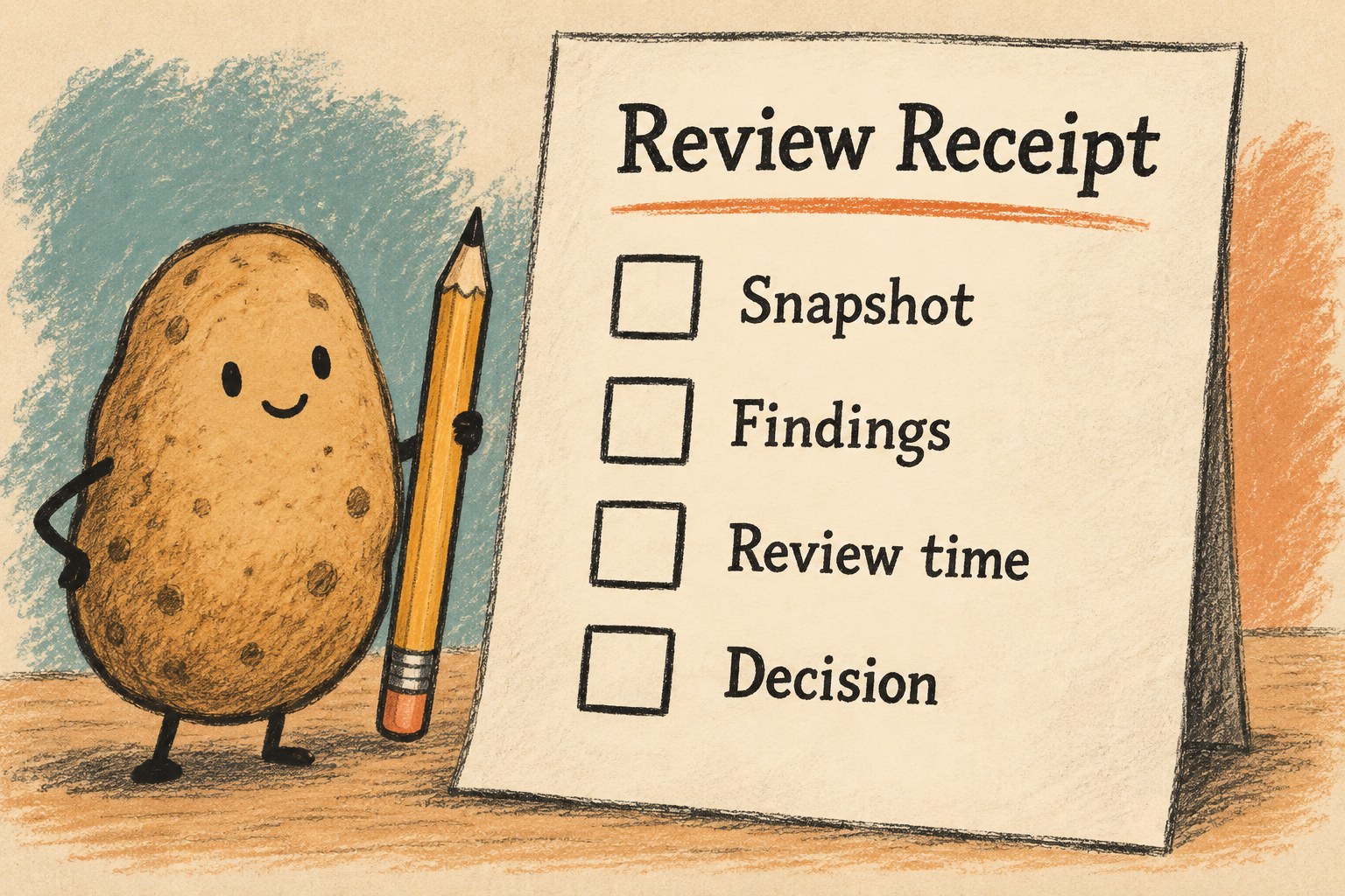 An empty Review Receipt checklist lists Snapshot, Findings, Review time and Decision.