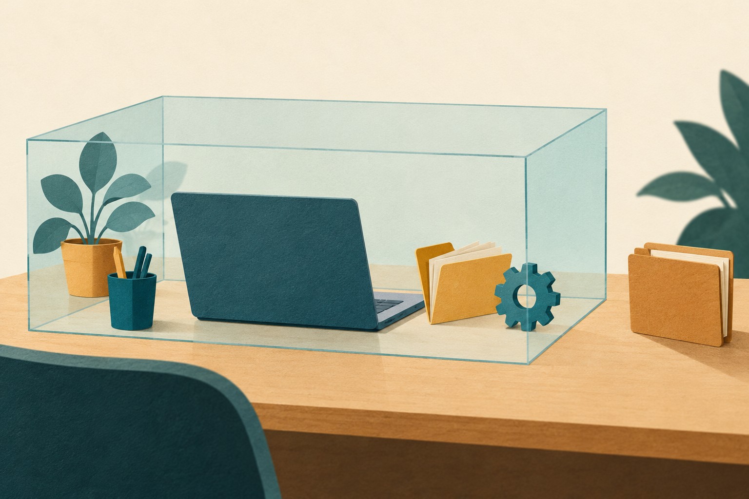 A laptop, open folder and gear sit inside a translucent boundary, with a separate folder outside.