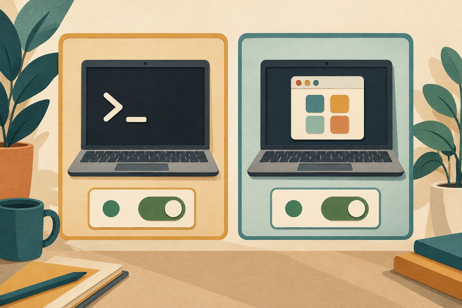 Two laptops, one showing a terminal symbol and one an app grid, have separate status-toggle cards.