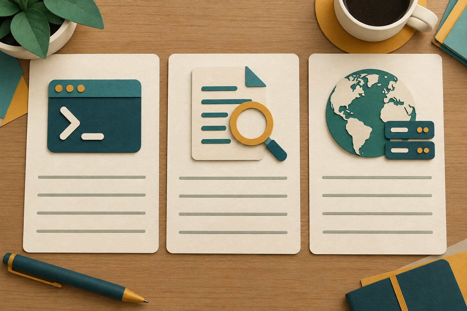 Three separate cards display a terminal, a document inspection symbol and a remote-service symbol.