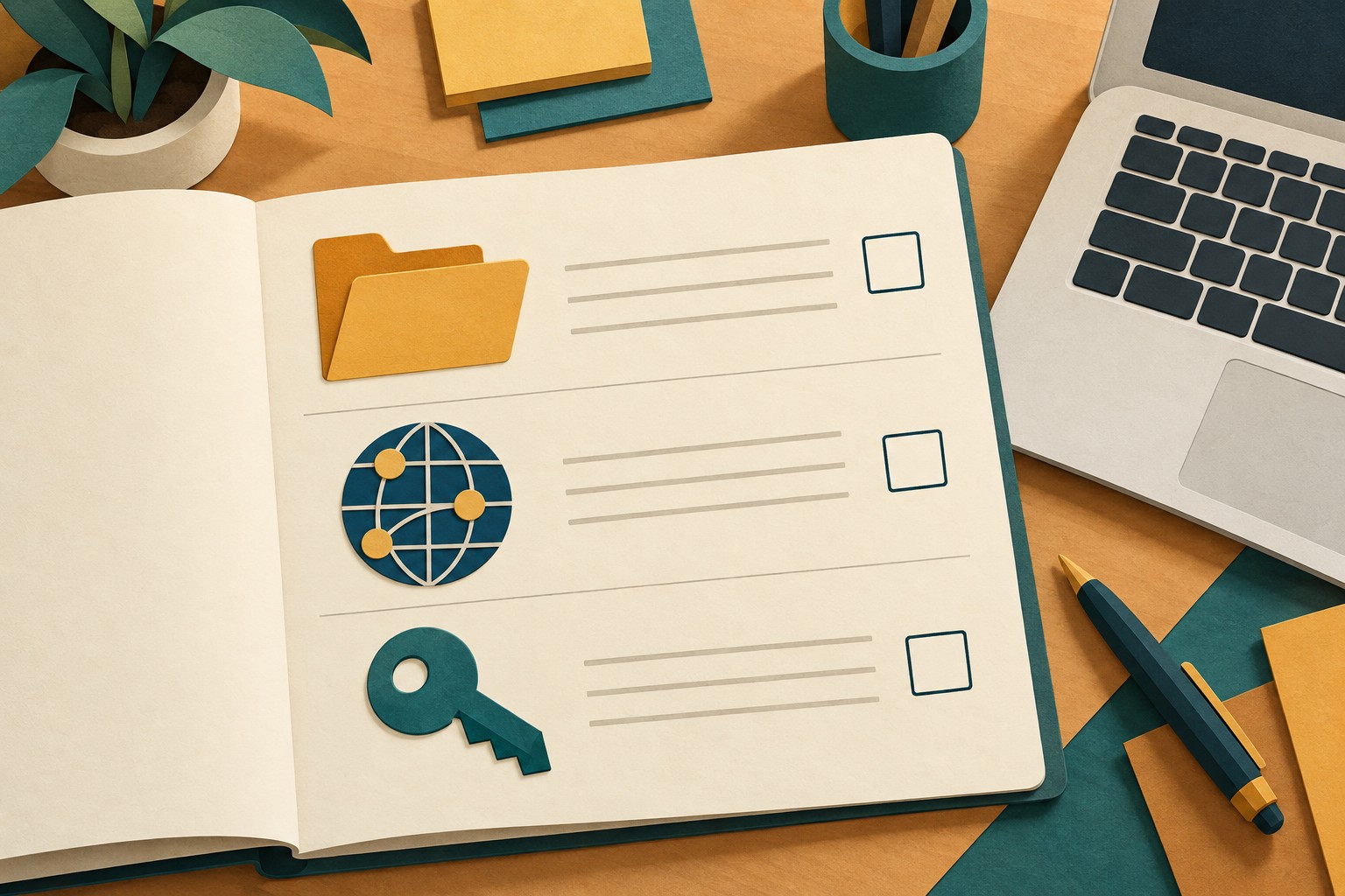An open notebook shows folder, globe and key icons beside blank note lines and empty checkboxes.