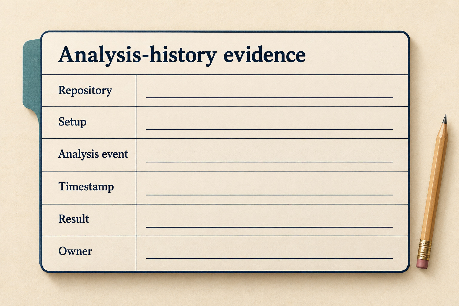 A blank conceptual review card provides Repository, Setup, Analysis event, Timestamp, Result and Owner fields.