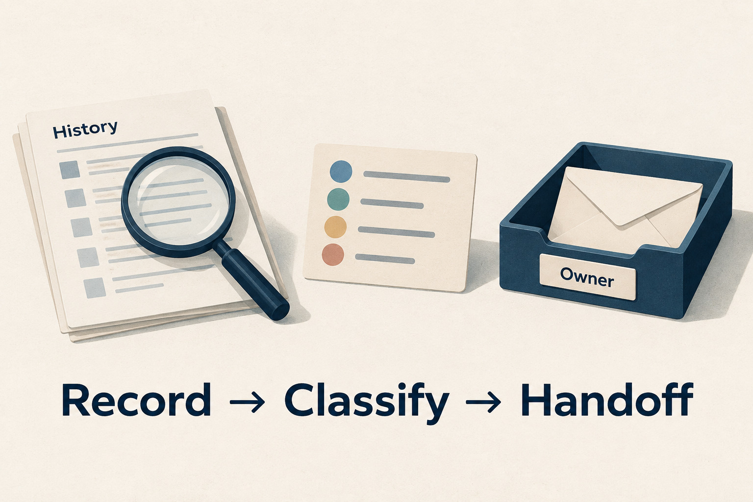 A magnifier, history sheet and owner inbox illustrate the sequence Record, Classify and Handoff.