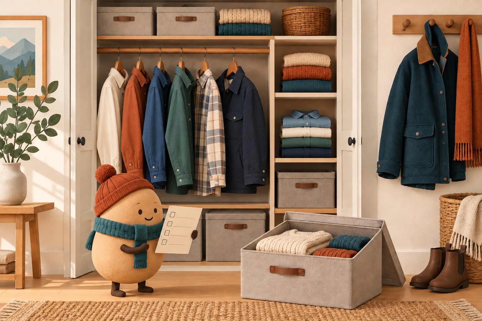 Potato helper checks a card beside folded clothing in an open box and an accessible woven jacket