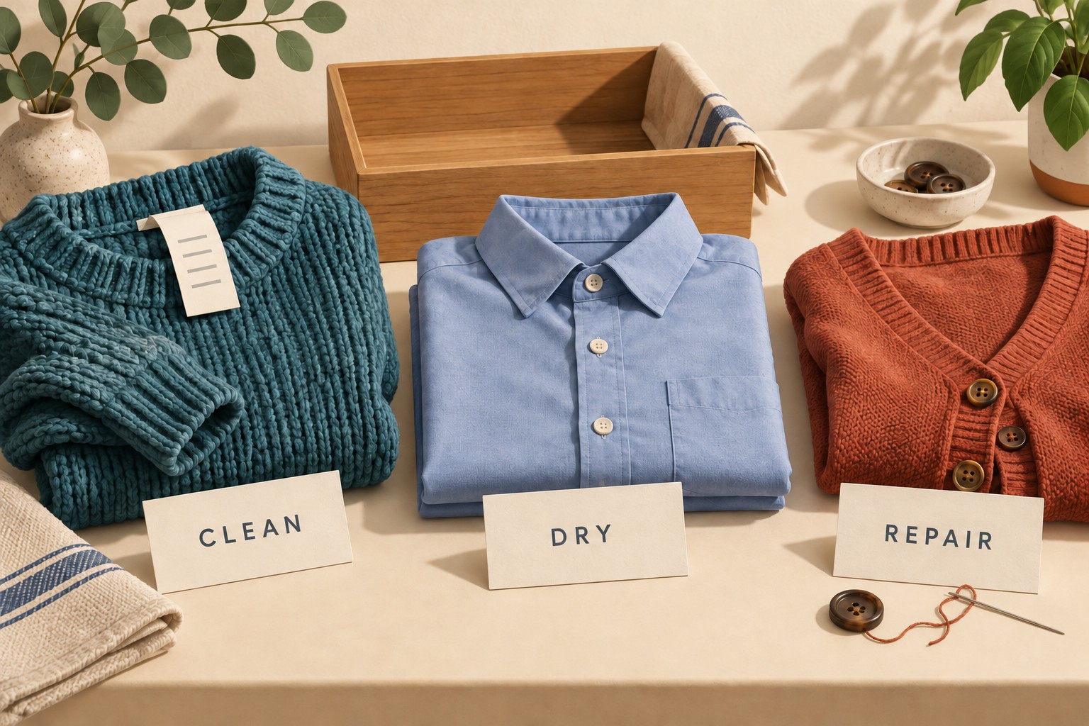 Separate garments beside Clean, Dry and Repair cards keep unfinished preparation visible