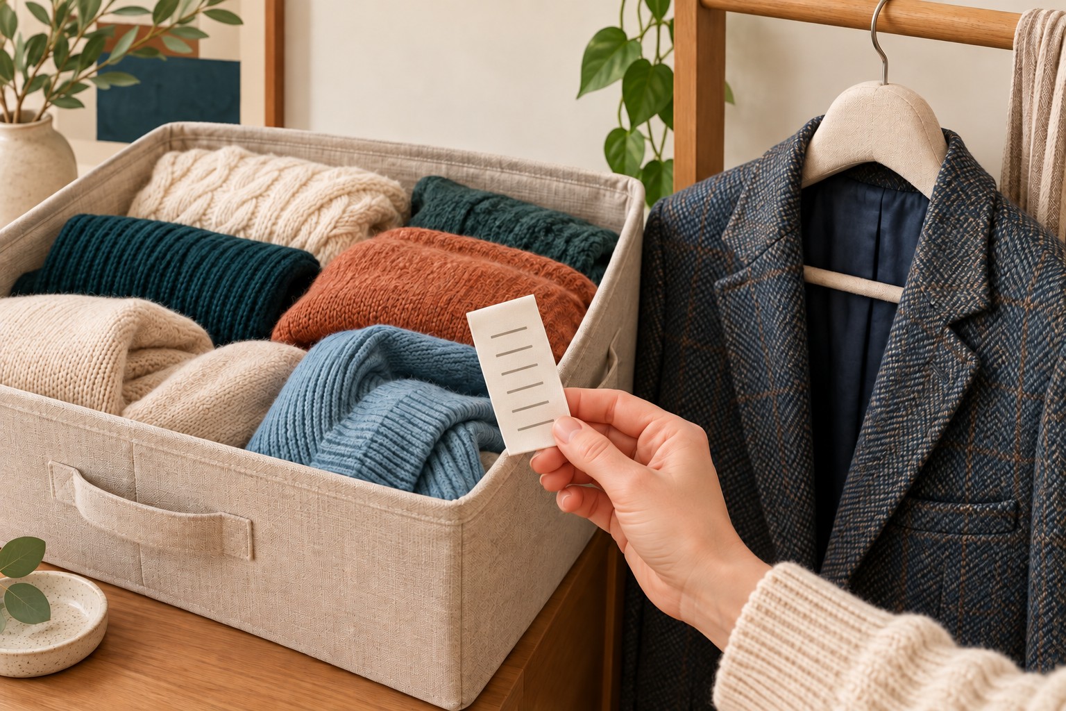 Folded knitwear in a fabric box beside a woven jacket on a padded hanger and a conceptual care tag