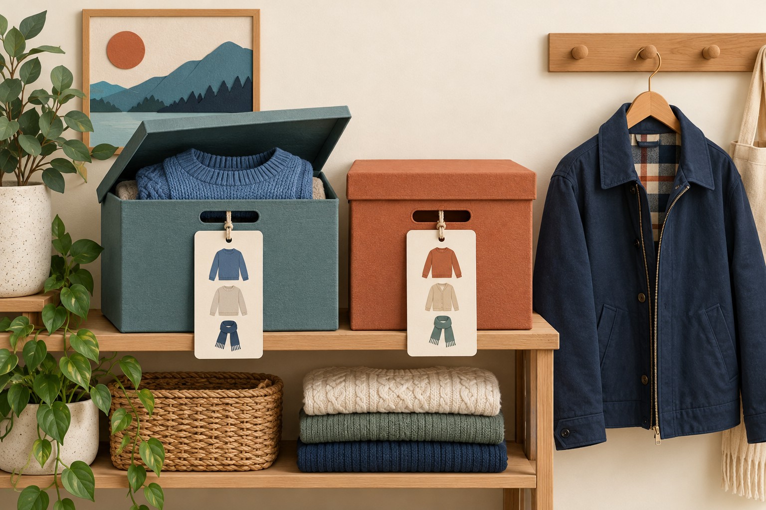 Two clothing boxes carry illustrated contents tags while a jacket remains accessible outside them
