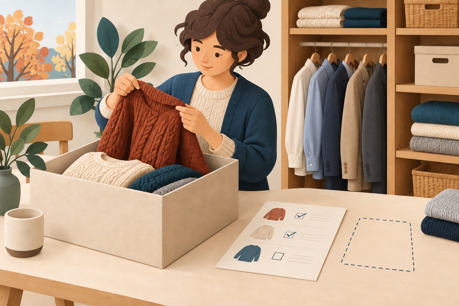 A person inspects a sweater beside an open clothing box and an inventory card