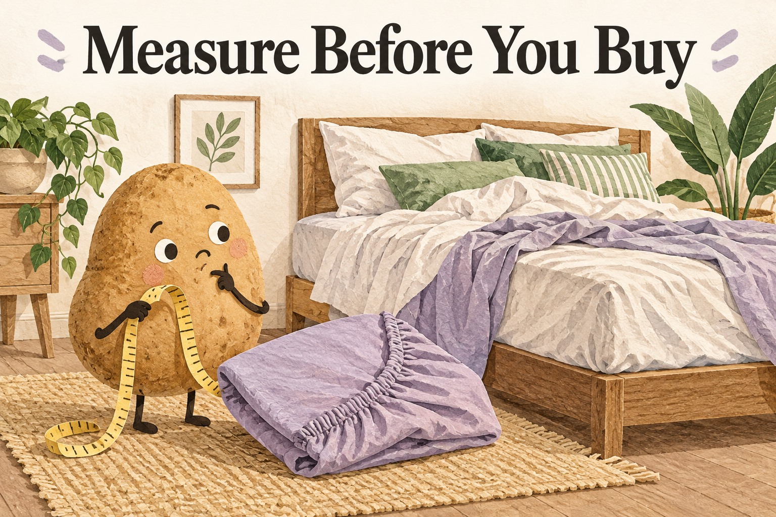 A potato holds a tape measure beside an unmade bed and folded fitted sheet under Measure Before You Buy.