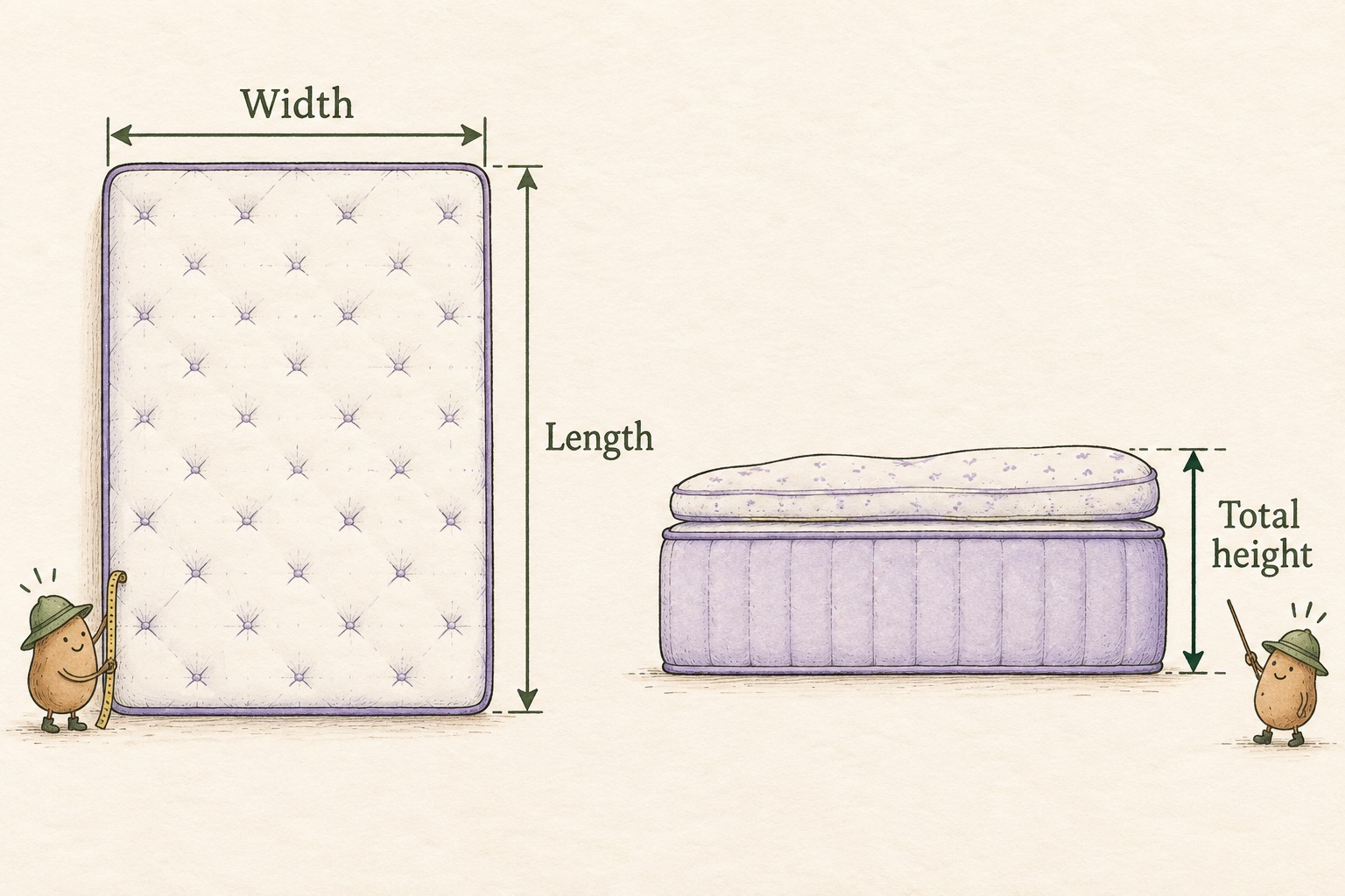 A top view labels mattress width and length; a side view labels the combined mattress and topper height.