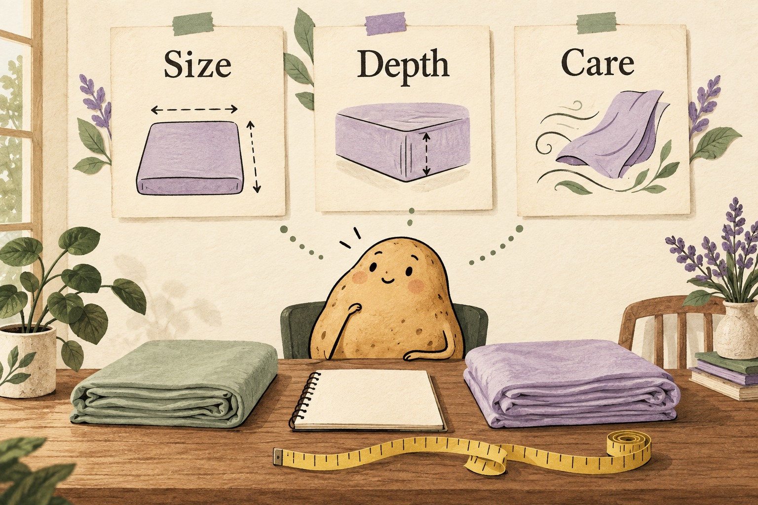 Size, Depth and Care cards hang above a potato comparing two folded sheets and a notebook.