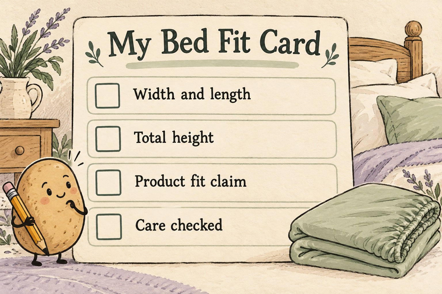 My Bed Fit Card lists unchecked Width and length, Total height, Product fit claim and Care checked rows.