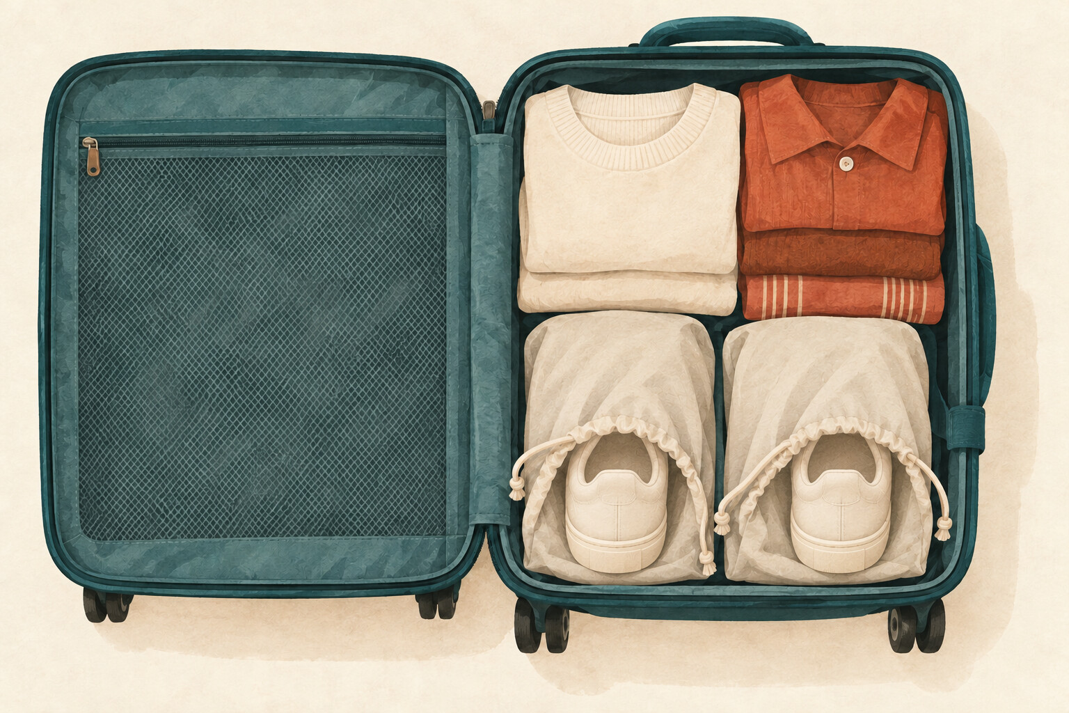 AI conceptual illustration of an open teal suitcase with folded clothes and two individually pouched cream sneakers.
