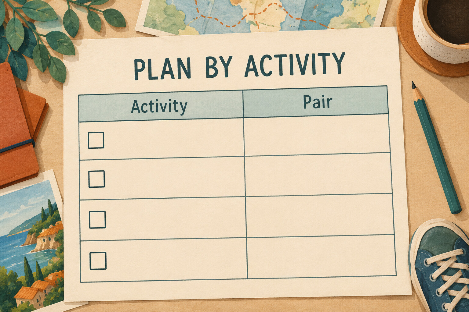 AI conceptual illustration of a blank activity-to-pair planning worksheet with four rows and a teal pencil.