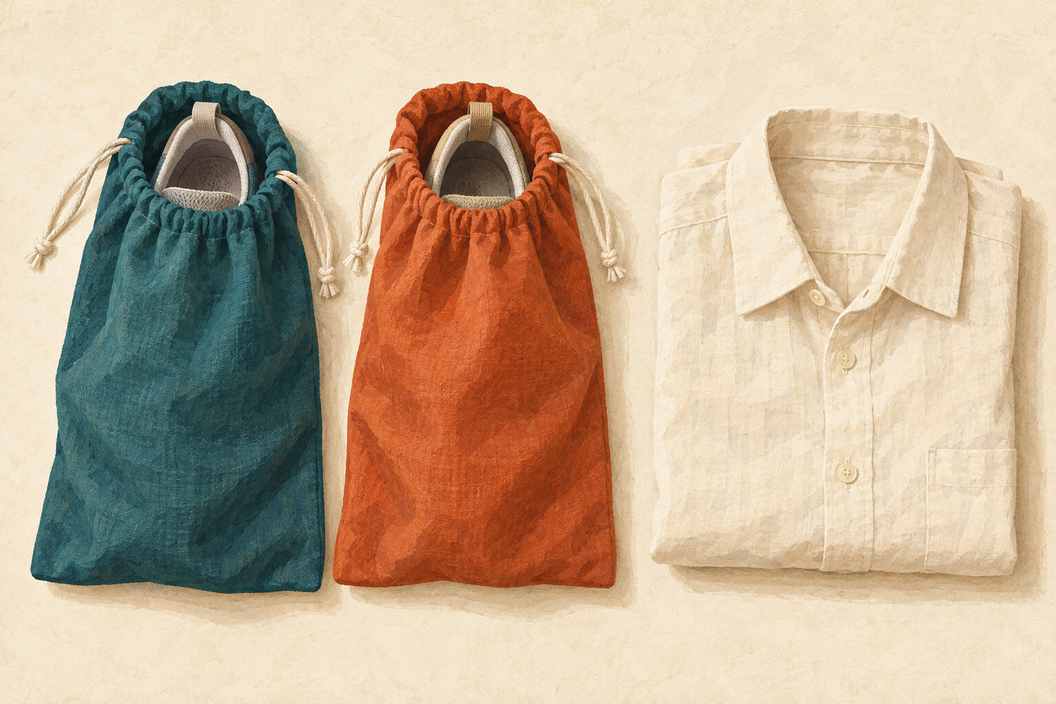AI conceptual illustration of one shoe in each of two fabric pouches beside a separate folded cream shirt.