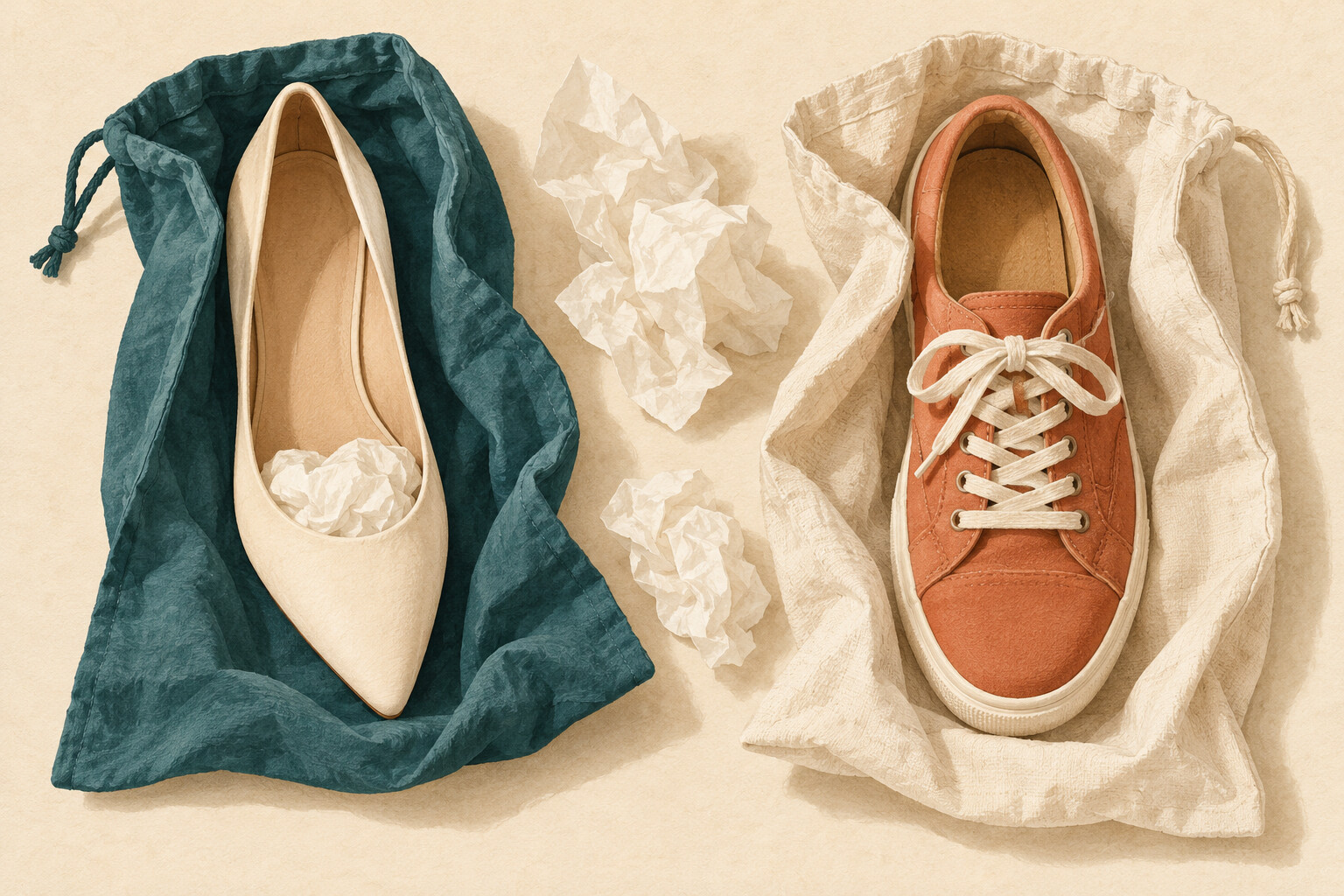 AI conceptual illustration of a pointed flat with loose tissue support and a sturdy sneaker in separate open fabric pouches.