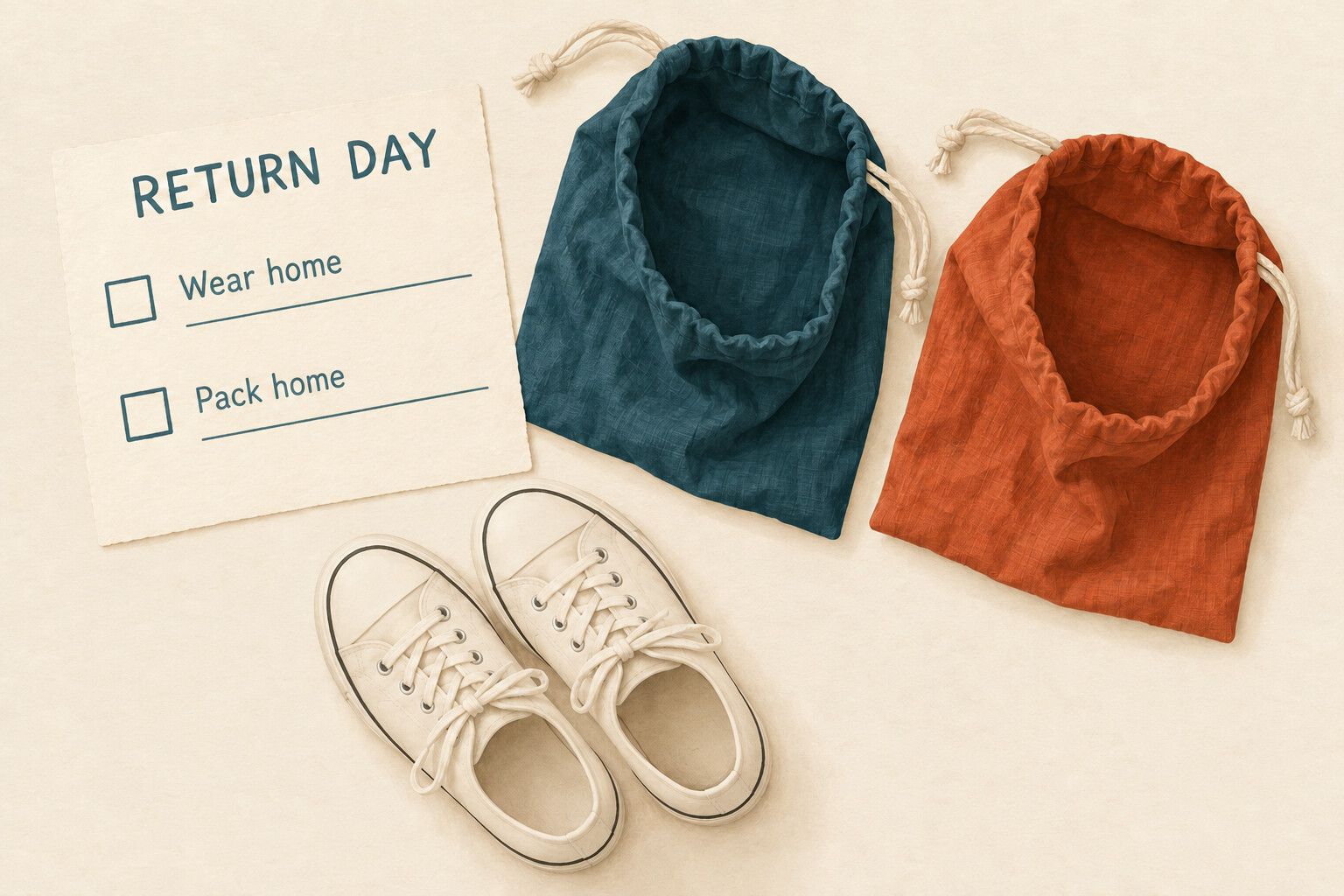 AI conceptual illustration of a return-day card with Wear home and Pack home fields beside open shoe pouches and dry sneakers.