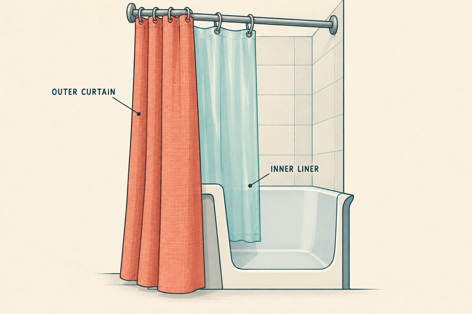 AI-generated conceptual illustration of a coral outer shower curtain outside a cutaway bathtub and a pale teal inner liner hanging inside.