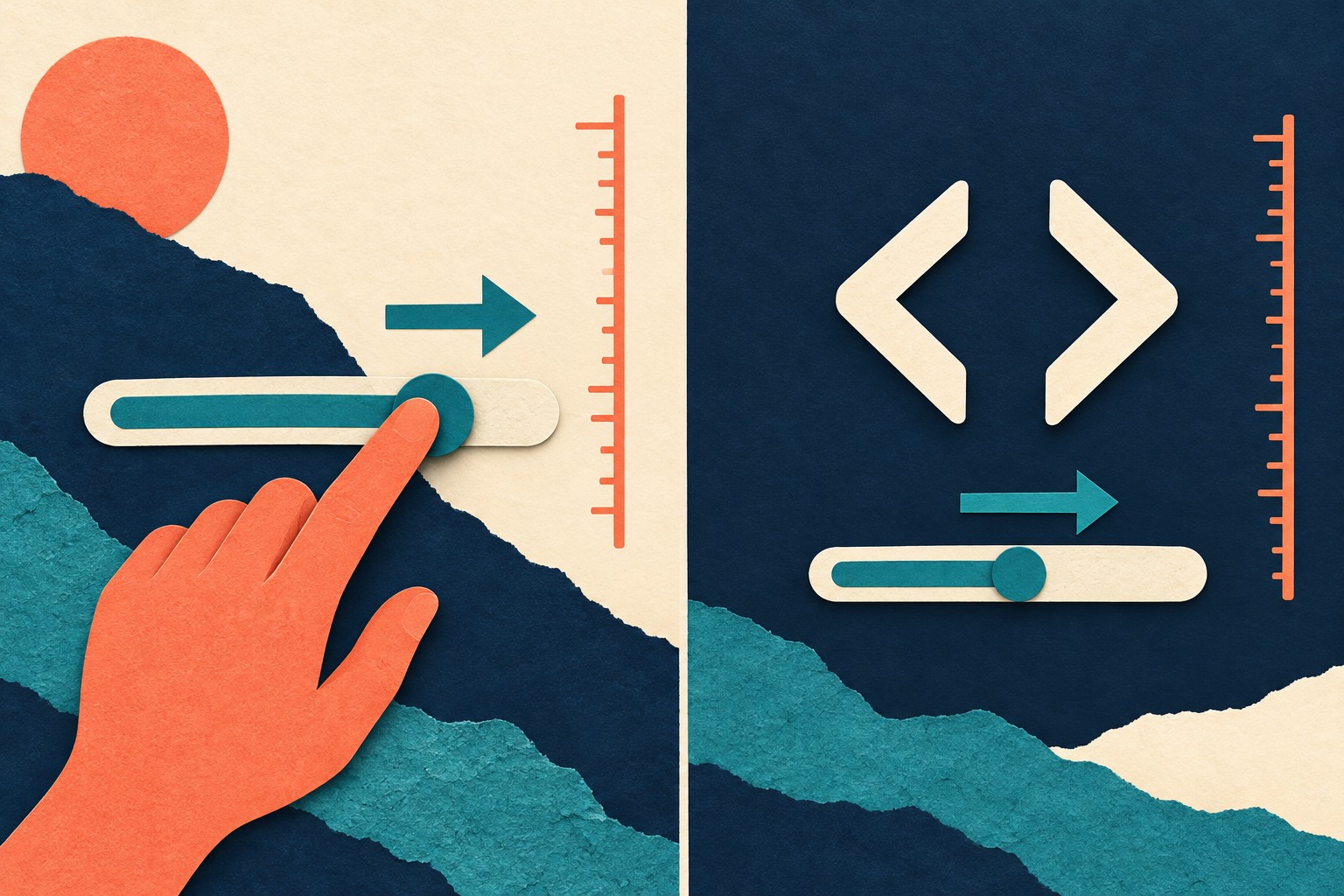 A hand-operated slider and code-symbol slider represent two navigation routes.